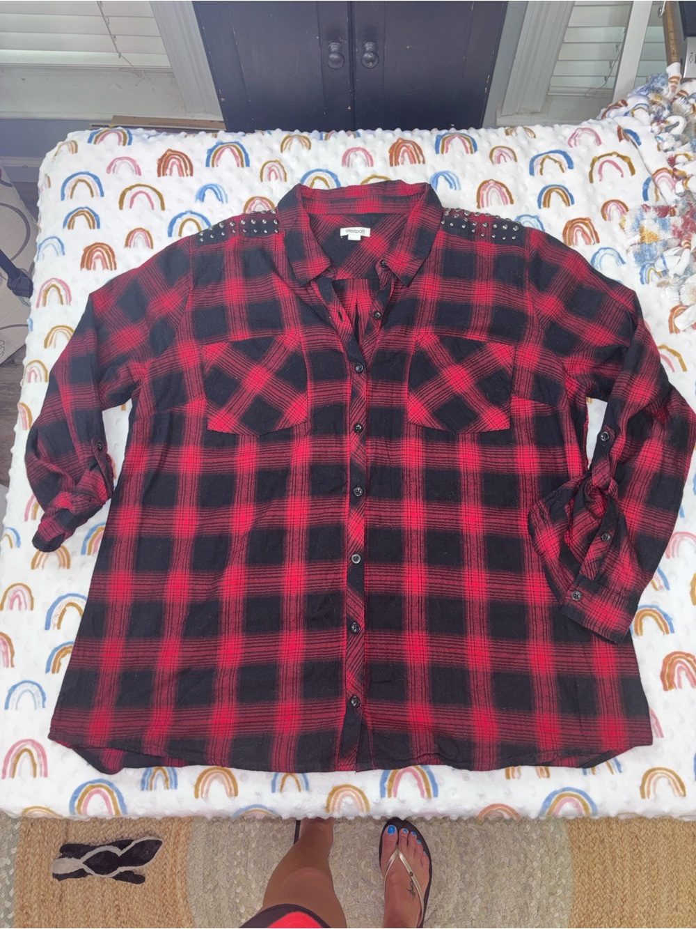 Westport Red and Black Plaid Button-Down Shirt with Studded Shoulders